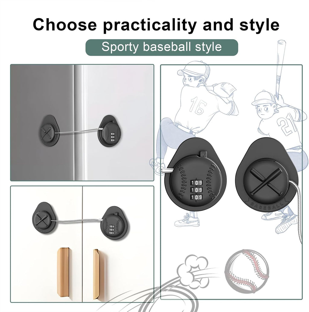 2 Pack Latest Baseball Style Child Safety Refrigerator Lock with 3 Digit Combination Code; Baby Proofing Cabinet Latches for Fridge, Closet, Drawer & Freezer (Black)