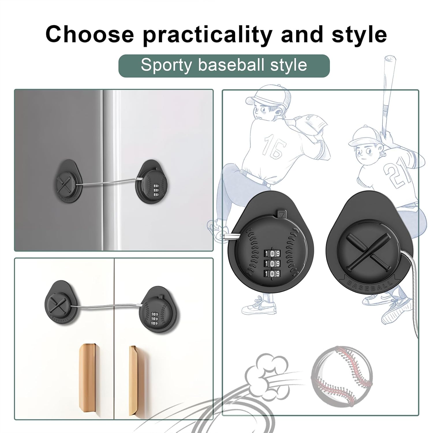 2 Pack Latest Baseball Style Child Safety Refrigerator Lock with 3 Digit Combination Code; Baby Proofing Cabinet Latches for Fridge, Closet, Drawer & Freezer (Black)