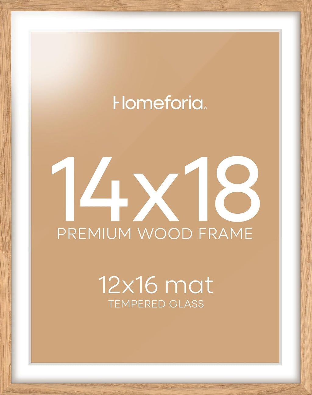 Homeforia 14x18 Picture Frame Natural Wood, High End Oak 14x18 Light Wooden Poster Frame with Mat 12x16, 14 x 18 Frames Matted to 12 x 16 Photo, 18x14 Hanging Frame, Tempered Glass, Wall Kit, Set of 1