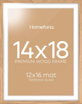Homeforia 14x18 Picture Frame Natural Wood, High End Oak 14x18 Light Wooden Poster Frame with Mat 12x16, 14 x 18 Frames Matted to 12 x 16 Photo, 18x14 Hanging Frame, Tempered Glass, Wall Kit, Set of 1