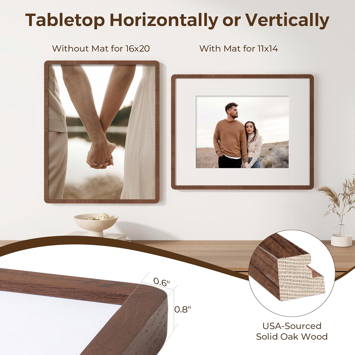 16x20 Picture Frame for Wall, Solid Oak Wood 16 by 20 Frames, 16 x 20 Poster Frame with Tempered Glass, 16x20 Frame Matted to 11x14, 16"x20" Wood Frame for Home Decor, Walnut Color, 3 Pack