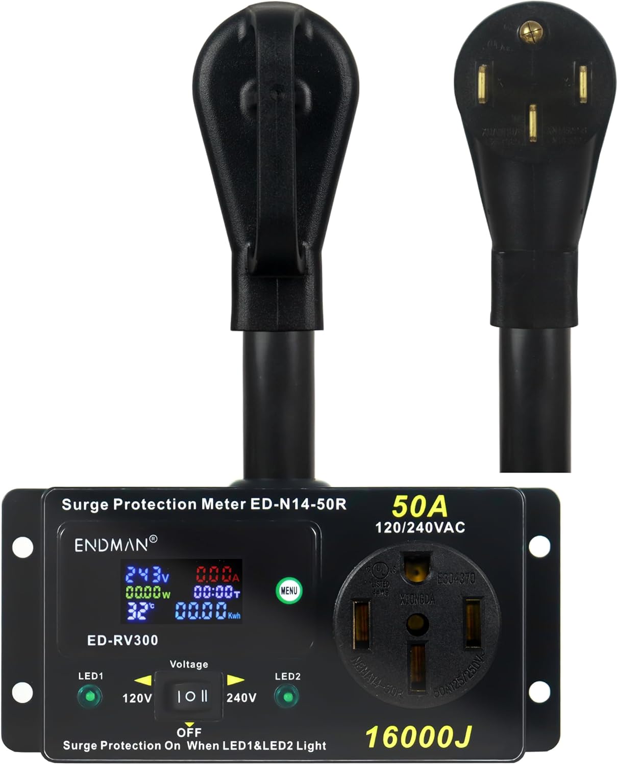 RV 50 Amp Surge Protector AC Power Meter,16000Joules 240V NEMA 14-50P LCD Dispaly KWH,Voltage Monitor with LED Display,10AWG Cable