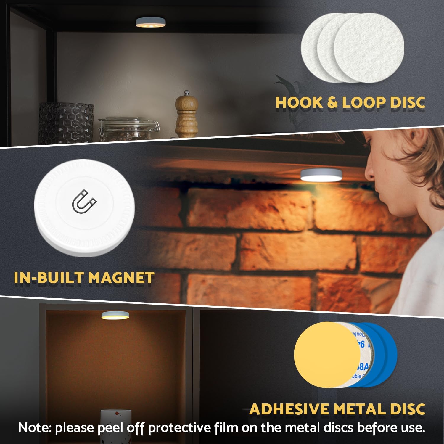 Rechargeable Puck Lights 2 Pack, Magnetic Tap Light 1000mAh Battery Powered, Warm Yellow, Dimmable Touch Light Stick on for Closet, Locker, Cabinet, Bedside, Kitchen