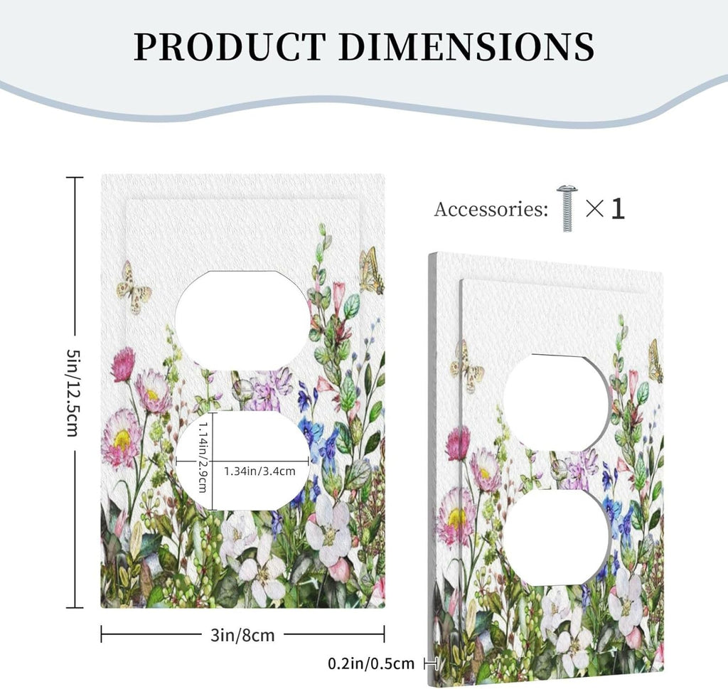 Boho Colorful Wildflowers Butterfly Green Plant Leaf Single Duplex Wall Plate Covers Light Switch Cover 1 Gang Outlet Plate Decorative Switchplate Covers Faceplate for Bathroom Decor