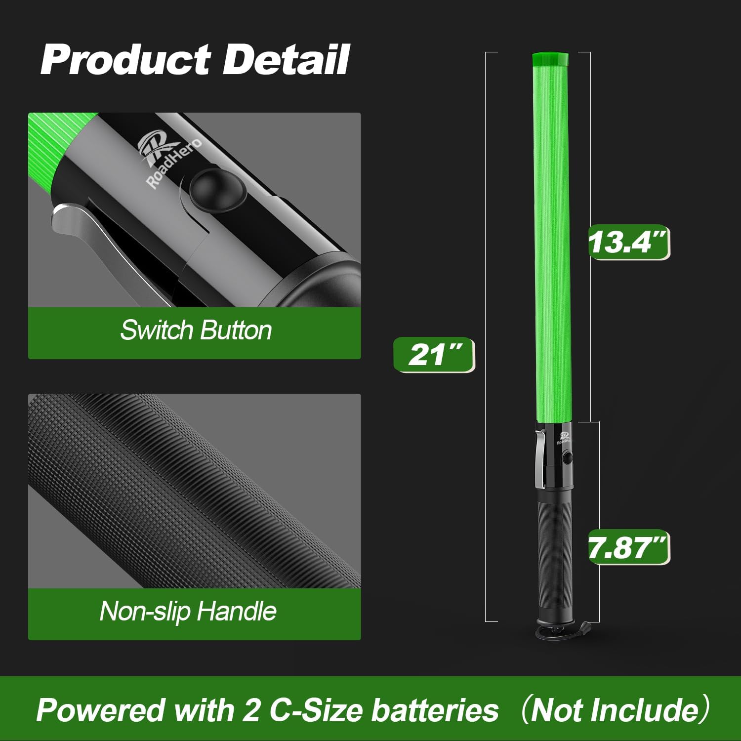 RoadHero 2 Pack 21 Inch Traffic Wands, Green Led Traffic Control Baton, Night Safety Light Wand with 2 Flashing Modes, Air Marshaling Signal Wand with Side Clip for Airport, Parking, Car Directing