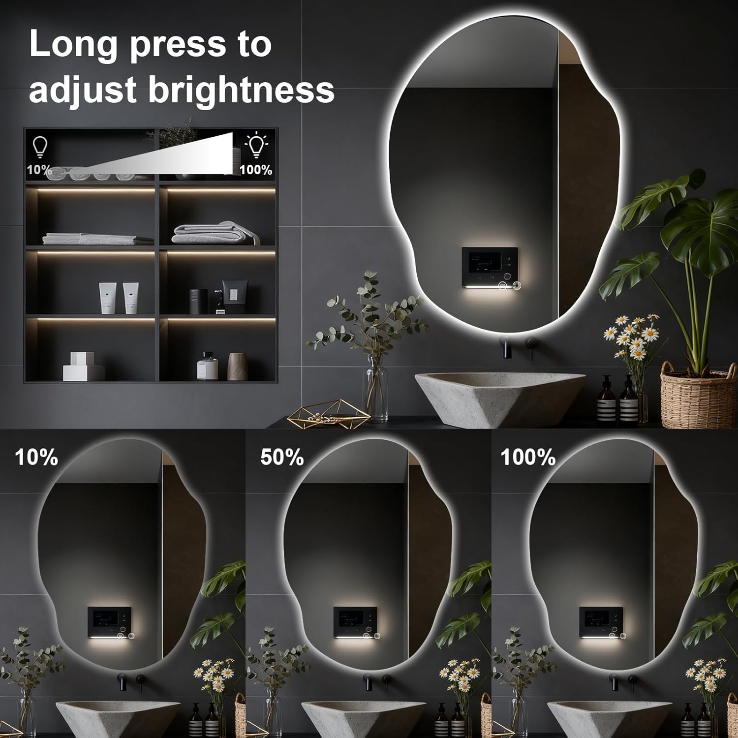 Asymmetrical Bathroom Mirror with Lights,Irregular LED Bathroom Vanity Mirror with Backlit,Anti-Fog,3 Colors and Dimmable Light with Memory,Hardwired Supported[Horizontal/Vertical] 40" H x 30" W