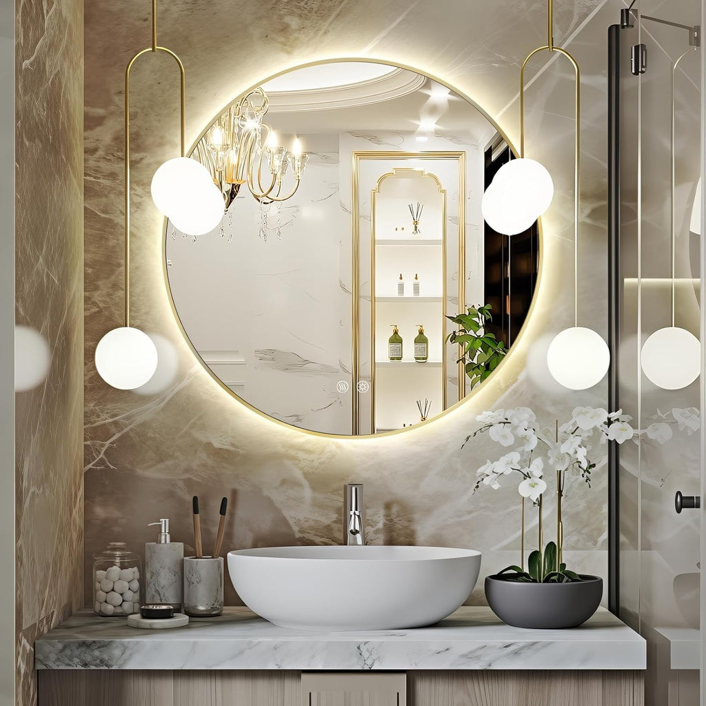 Niccy Round Led Mirror for Bathroom, 28" Backlit Mirrors for Wall Circle Lighted Mirror with Old Gold Frame Anti-Fog, 3 Colors, HD Glass and IP65 Waterproof