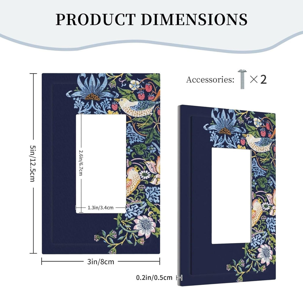 Decorative Outlet Covers Vintage Blue Morris Strawberry Thief Bird Flower 1 Gang Single Decora GFCI Device Light Switch Covers Plate 1 Rocker Wall Plate Jumbo Faceplate