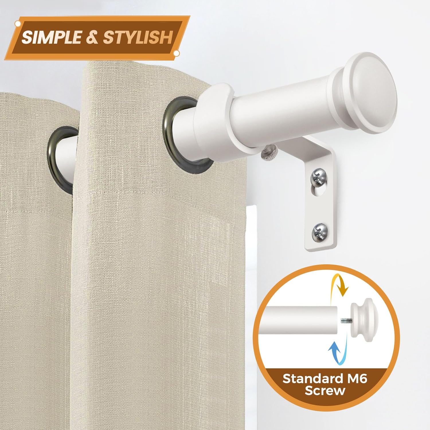 TONIAL Curtain Rod 32 to 58 Inch, Telescoping Splicing 3/4 Drapery Rods for Windows Decorative Single Rod with Small Cap End, Warm White