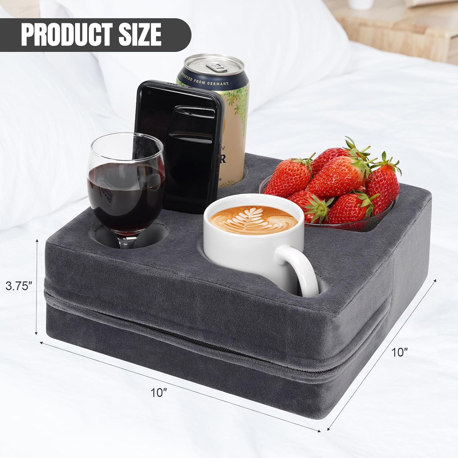 STBoo Couch Cup Holder Pillow - Sofa Drink Cup Holder Cozy Buddy | Bed Caddy Organizer Holds Remote, Snacks, Phones | Waterproof Anti-Spill Sofa Beverage Tray for Car, Pack, Beach, RV, Boat (Grey)