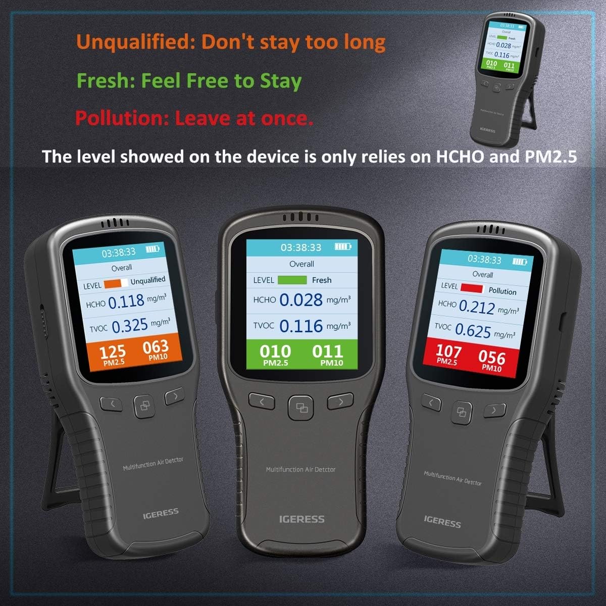 Indoor Air Quality Monitor, IGERESS Formaldehyde Detector, Pollution Monitor,Dust Tester, Detect Indoor HCHO/TVOC/PM2.5/PM10 (Gray)