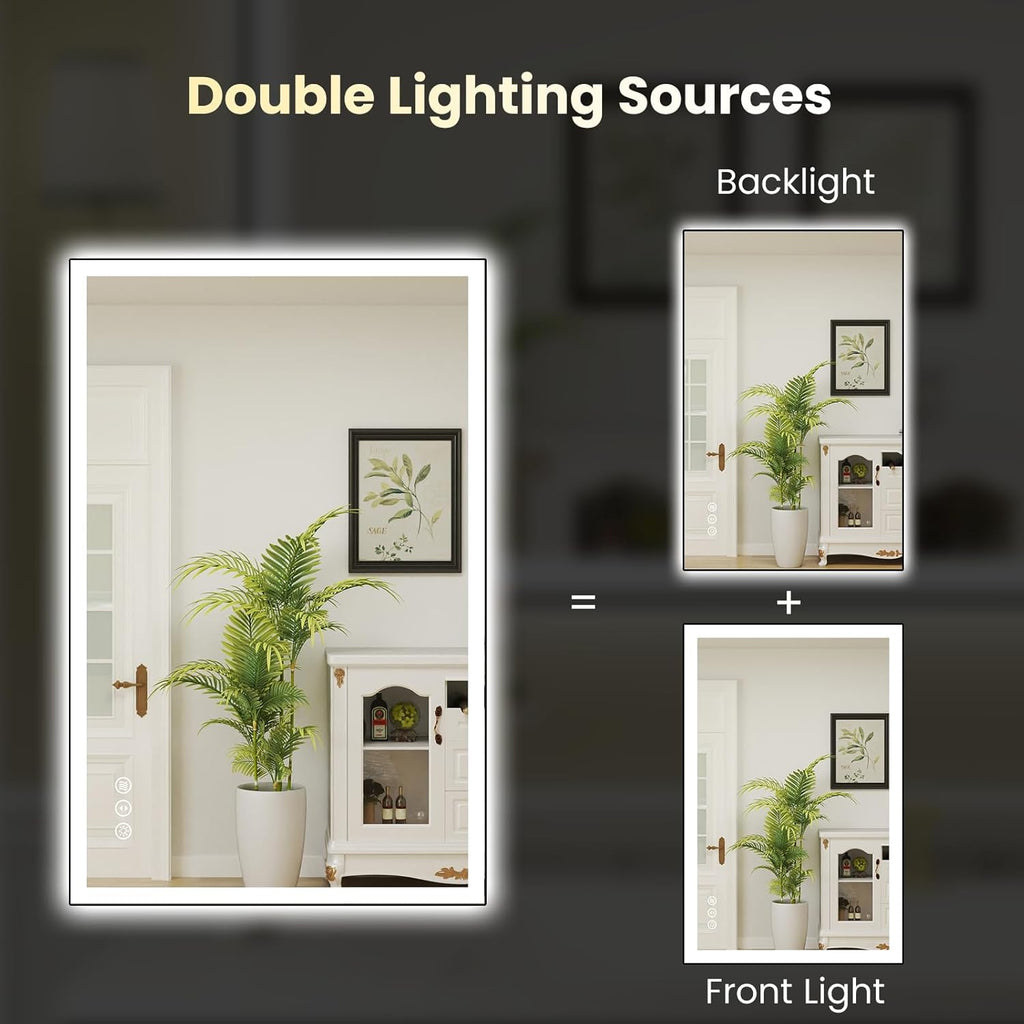 WTTY 24"X36" LED Bathroom Mirror with Black Frame, Bathroom Vanity Mirror with Lights for Wall, Front Light and Backlit, Anti-Fog, Dimmable, 3 Colors, Shatterproof, Memory, Horizontal/Vertical
