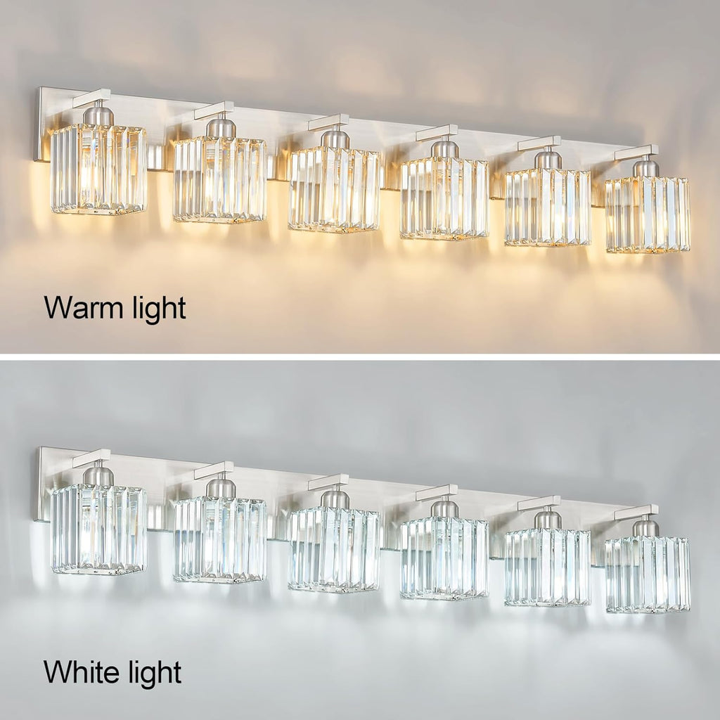 Modern Vanity Light 6-Lights Brushed Nickel Vanity Light Crystal Bathroom Wall Light Bathroom Light Fixtures