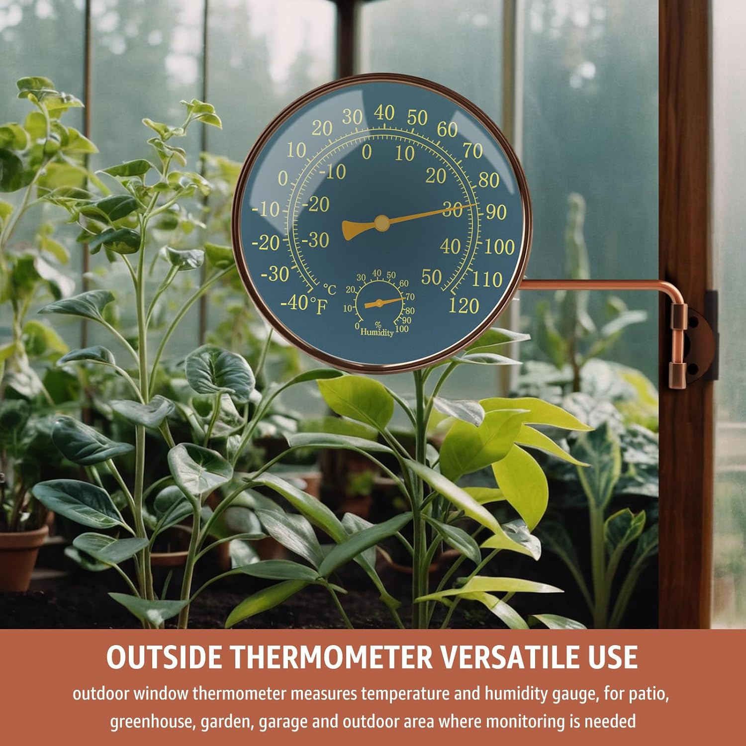 6-Inch Outdoor Thermometer and Humidity Gauge, Window Thermometer for Outside Temperature and Humidity Monitor, Brass Analog Dial, Battery-Free for Patio, Garage, Greenhouse, Garden, Wall