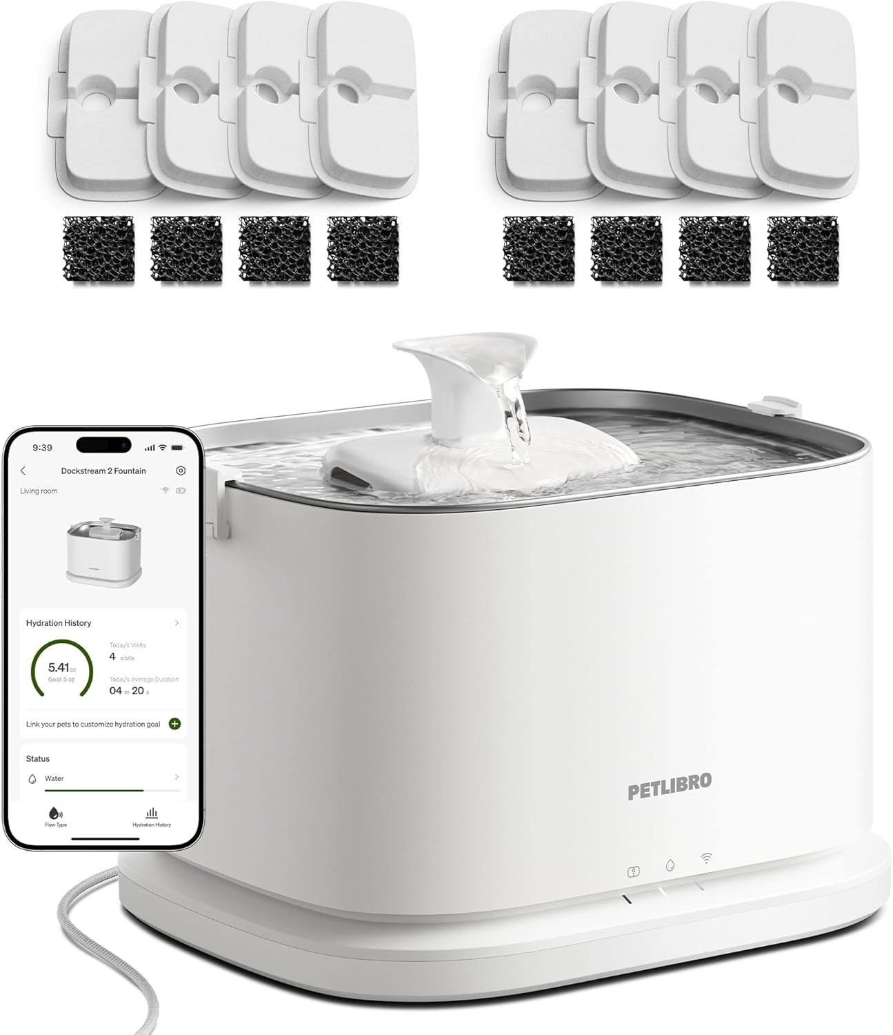 PETLIBRO Upgrade Cat Water Fountain + 8 Packs Filters, Dockstream 2 Smart App Monitoring Pet Water Fountain for Cats Indoor, 3L/101oz Cat Fountain Stainless Steel Tray for Drinking, 5G WiFi