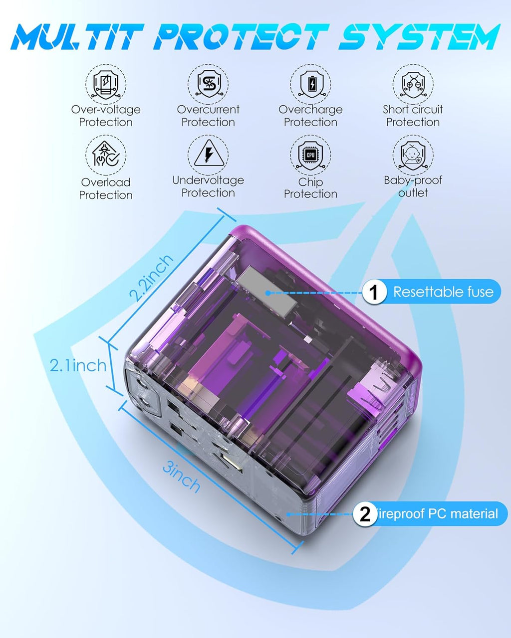 Universal Travel Adapter Offers 6.0A 3X 3.0A USB-C Ports, 2X 2.4A USB-A Ports and Multi AC Outlet, All-in-One International Power Plug Adapter Worldwide Travel Charger for EU USA UK AUS (Purple)