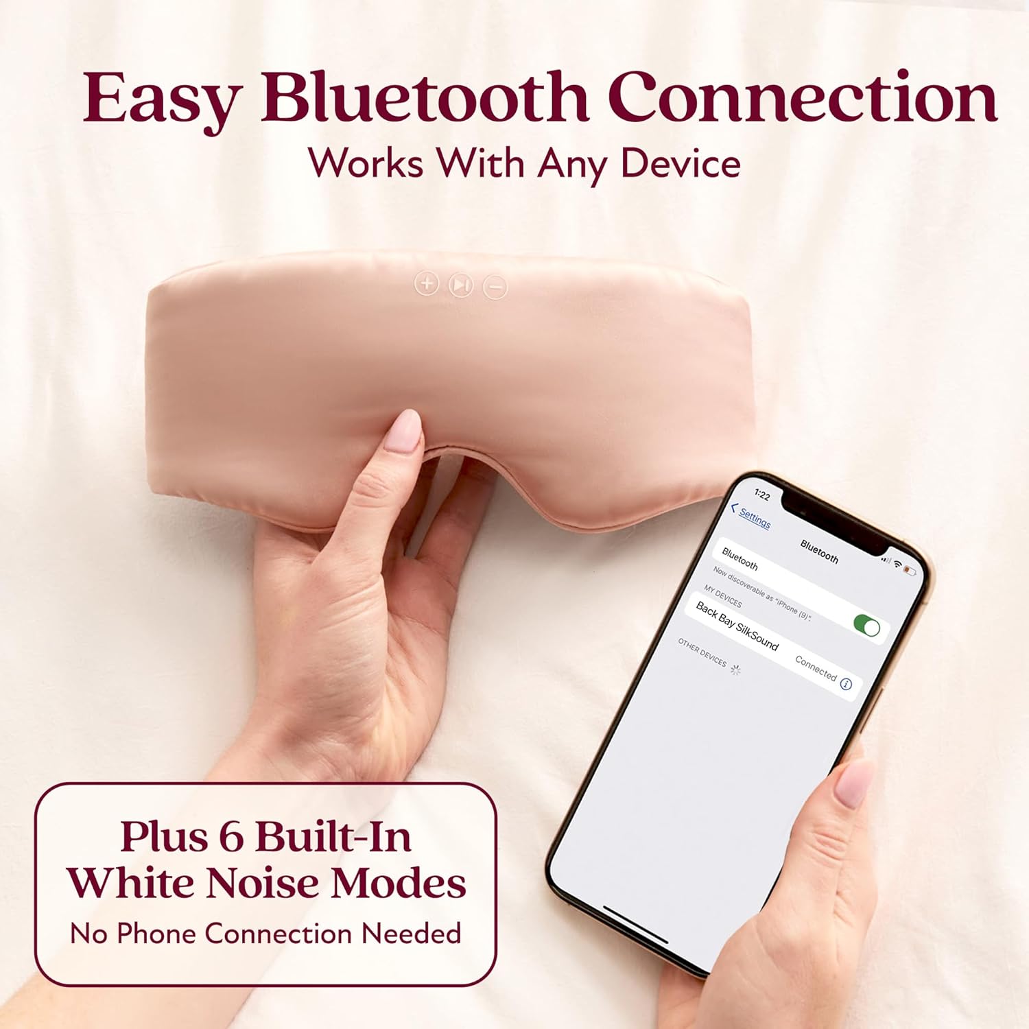 SilkSound 100% Mulberry Silk Bluetooth Sleep Mask, Skin-Friendly Sleeping Eyemask with Bluetooth Headphones, Sleep Gifts for Women, Silk Eye Mask Headband Headphones for Sleeping Side Speakers