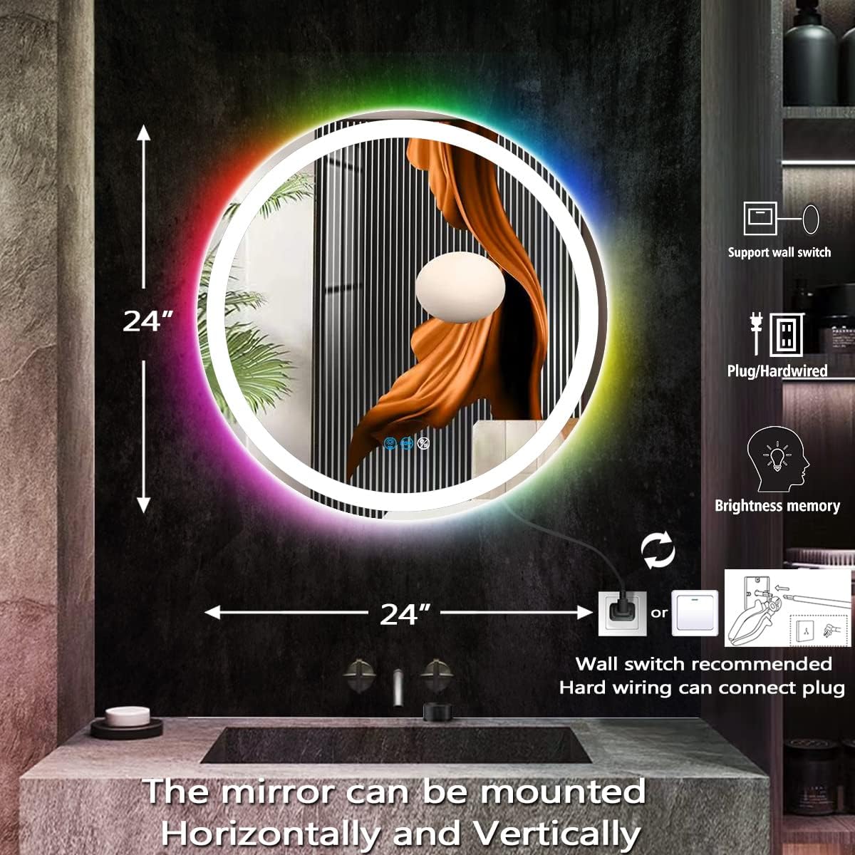 THEKLA 24 Inch Round Led Bathroom Mirror with Lights 3Color Front Light + RGB Rainbow Color Changing Backlit Round Lighted Vanity Mirror for Bathroom Wall Dimmable AntiFog Smart Light up Circle Mirror