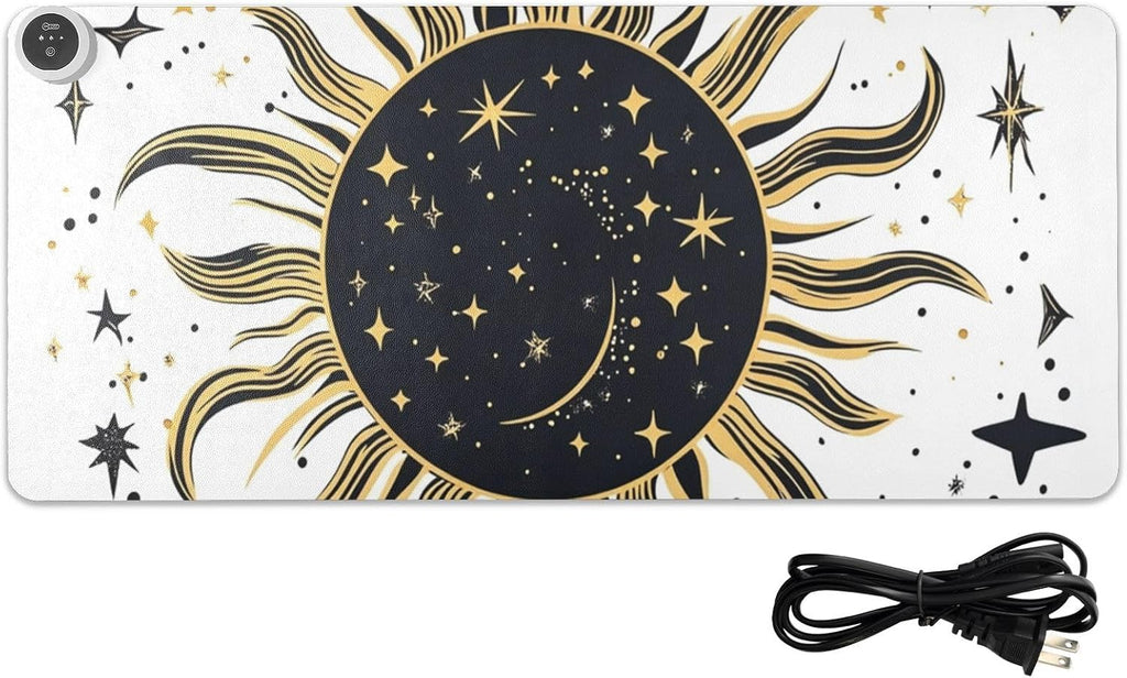 Heated Desk Pad Mouse Pad 31.5x13 Inch PU Leather Desk Mat with 3 Heat Levels Large Mouse Gaming Computer Laptop Mat Vintage Constellation Sun and Star 01