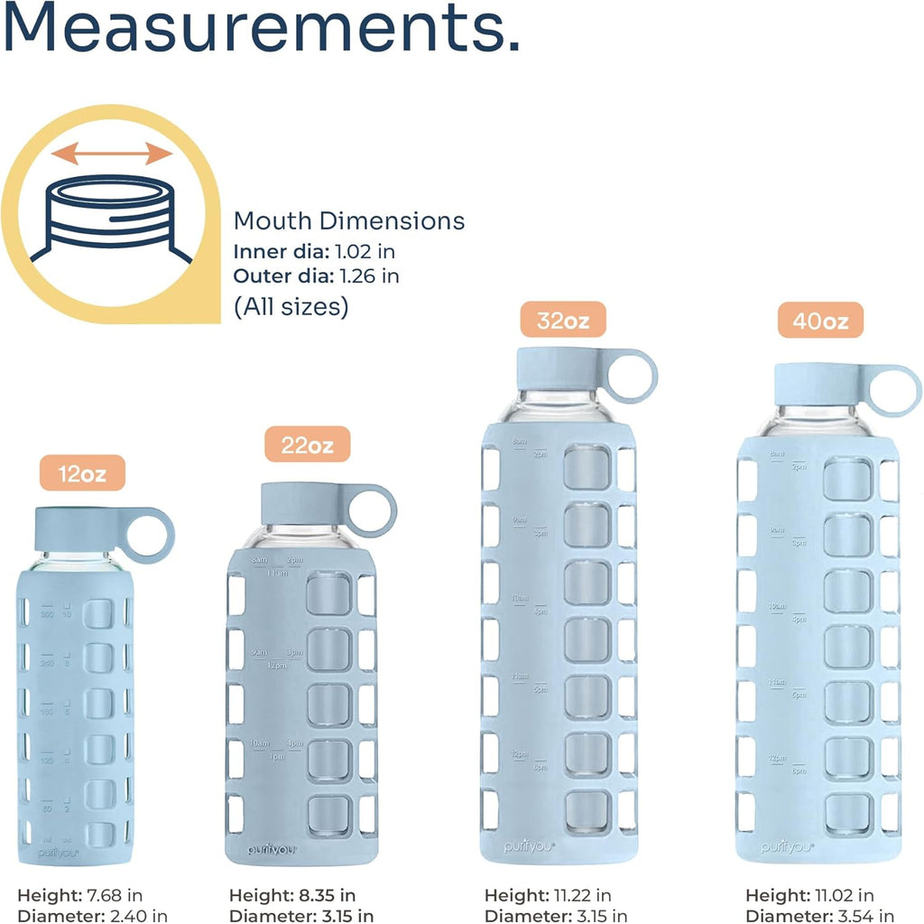purifyou 40oz / 32oz / 22oz / 12oz Borosilicate Glass Water Bottle with Time & Volume Markers, Silicone Sleeve, Stainless Steel Lid | Reusable Glass Bottle for Water & Juice (40oz Ice Blue)