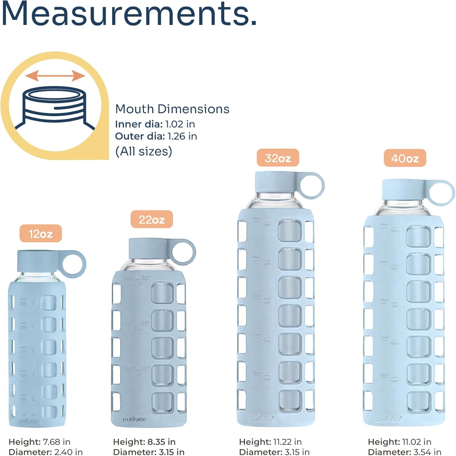 purifyou 40oz / 32oz / 22oz / 12oz Borosilicate Glass Water Bottle with Time & Volume Markers, Silicone Sleeve, Stainless Steel Lid | Reusable Glass Bottle for Water & Juice (40oz Ice Blue)
