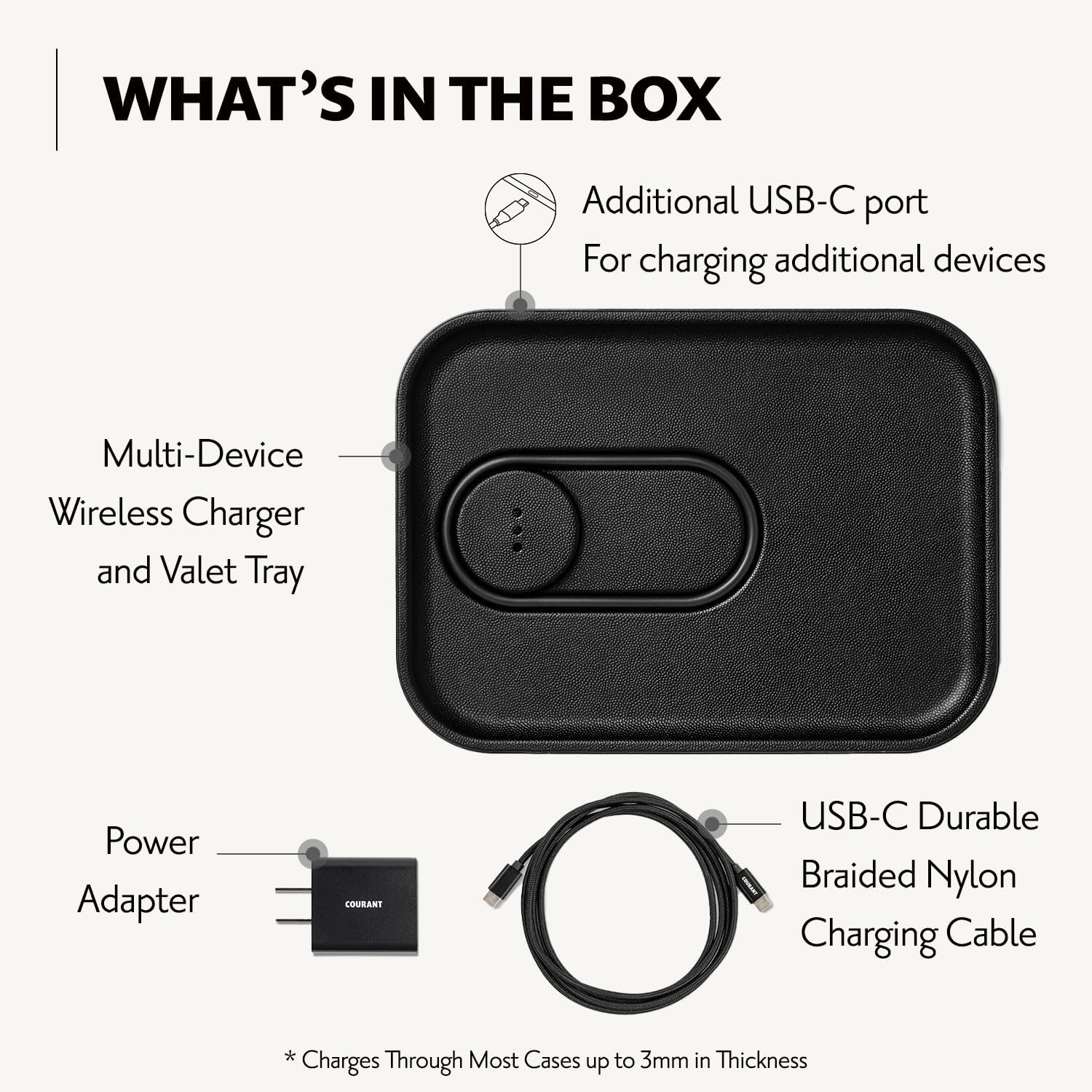 Courant MAG:3 Classics Charger and Tray - Italian Leather, Multi-Device Charger Compatible with MagSafe iPhones 16, 15, 14, 13, 12 or Wireless AirPod Cases (Black)