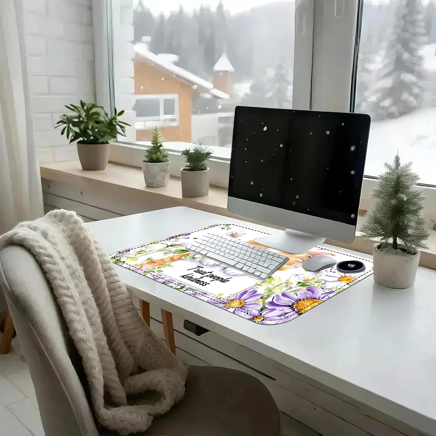 Heated Mouse Pad with 3 Temperature Settings(104°F–122°F),Large 24x14.2 Inch PU Leather Heated Desk Mat,Waterproof Warming Pad for Office,Gaming & Cold Hands Relief,Cute Cat Flower