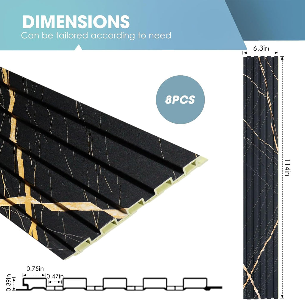 OUZUGIE WPC Acoustic Slat Wall Paneling, 8-Pack 114 x 6 Inches 3D Wall Panels for Interior Wall Decor,Living Room,TV Background,Study Room,Office Spaces,Bedroom,Low Grille (Black Marble)