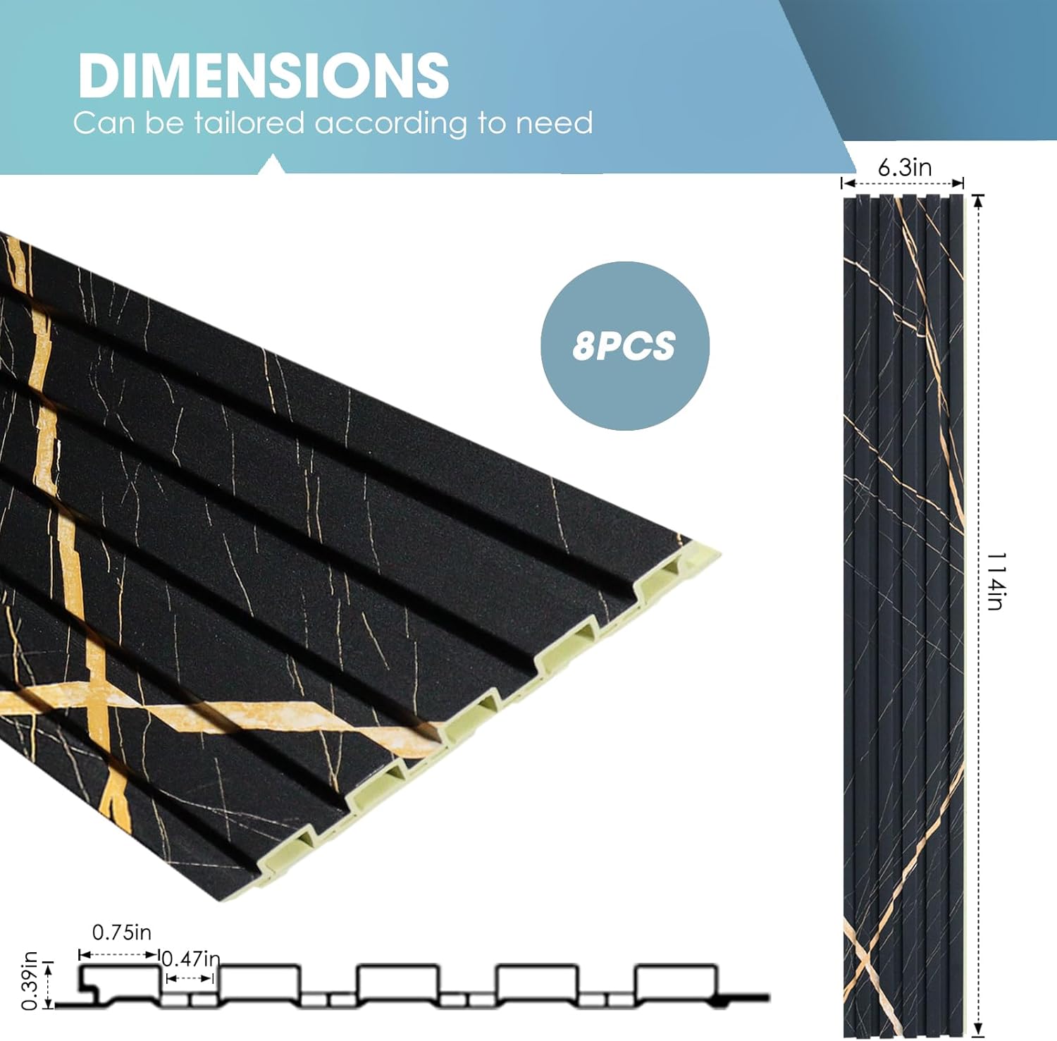 OUZUGIE WPC Acoustic Slat Wall Paneling, 8-Pack 114 x 6 Inches 3D Wall Panels for Interior Wall Decor,Living Room,TV Background,Study Room,Office Spaces,Bedroom,Low Grille (Black Marble)