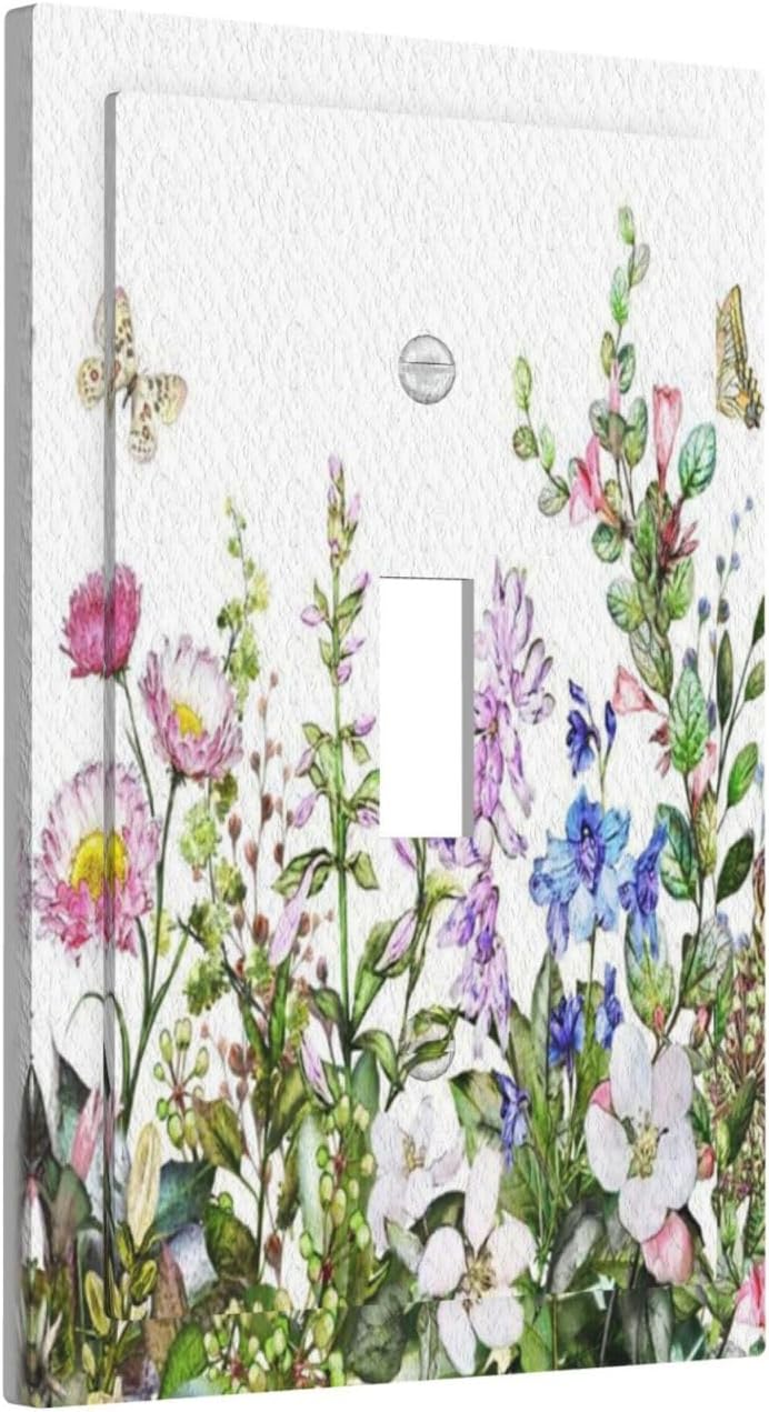 Boho Colorful Wildflowers Butterfly Green Plant Leaf 1 Gang Light Switch Covers Single Toggle Wall Plate Decorative Switchcover Electrical Switchplate for Country Bathroom Bedroom Decor