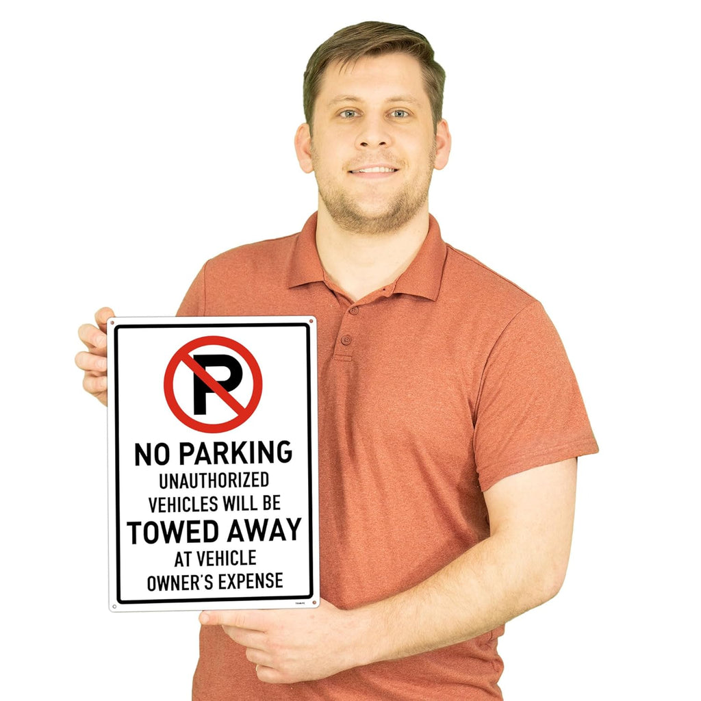 Brimar 12"x18" No Parking Vehicles Towed Away Sign - Aluminum, Weatherproof, Bold Red Lettering, Essential Warning for Vehicle Owners.