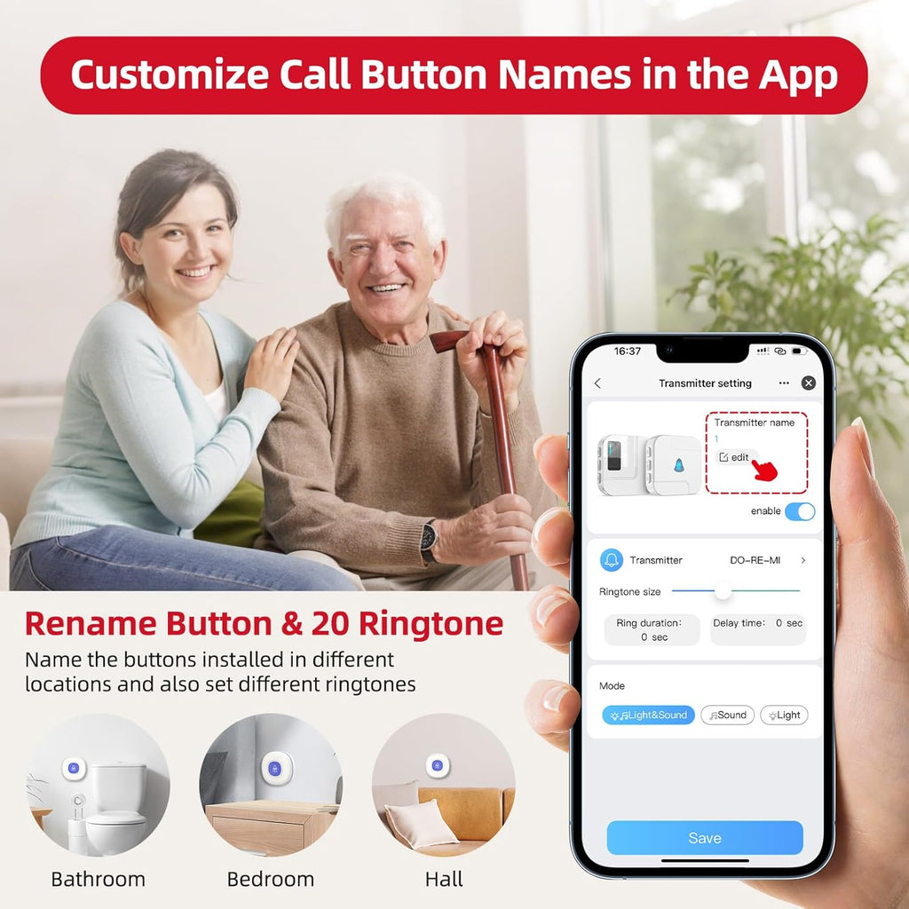 CallToU Wi-Fi Wireless Caregiver Pager Call Button for Elderly at Home , APP Emergency Alert for Seniors, Patients, and The Disabled (TY01WH-CB01-US 2-2)