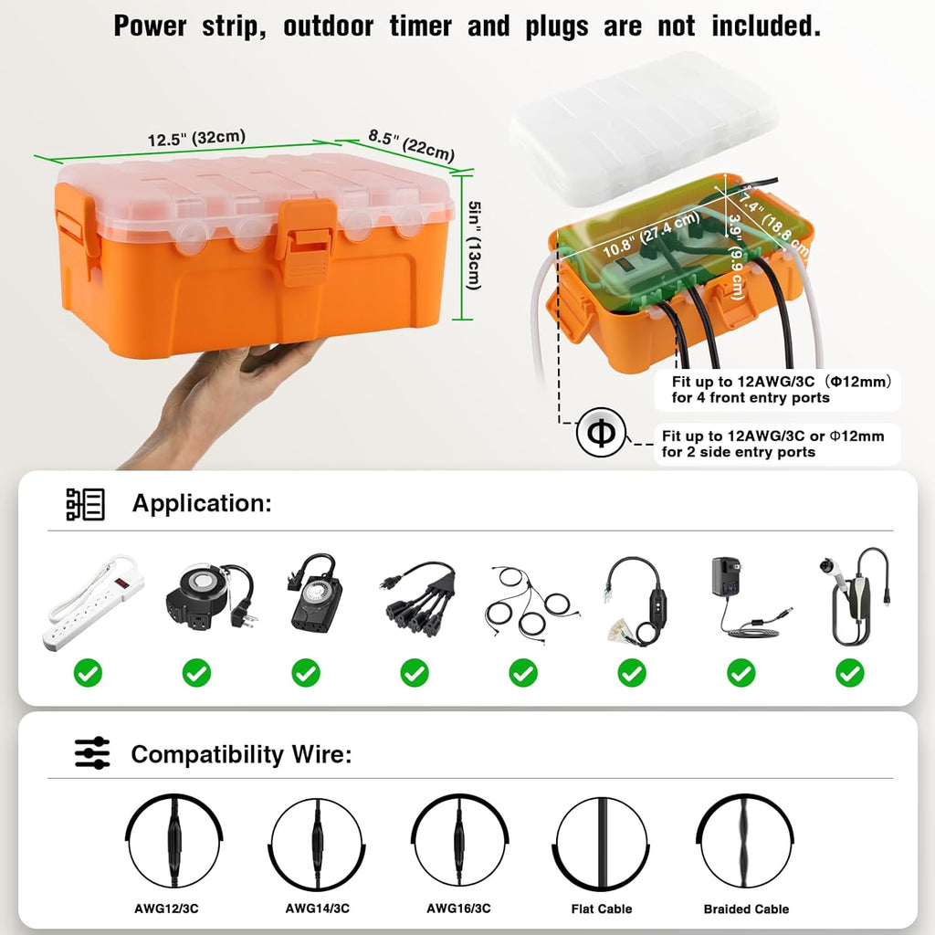 Flemoon Outdoor Electrical Box with Transparent Lid, IP54 Waterproof Box with Clear Cover for Photocell Light Sensor Timer, Power Strip, Outlet, Plug, Socket, Orange
