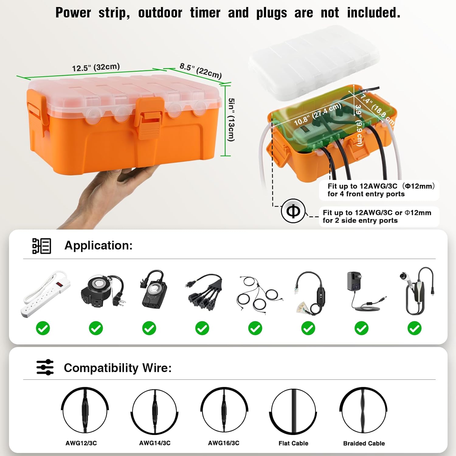 Flemoon Outdoor Electrical Box with Transparent Lid, IP54 Waterproof Box with Clear Cover for Photocell Light Sensor Timer, Power Strip, Outlet, Plug, Socket, Orange