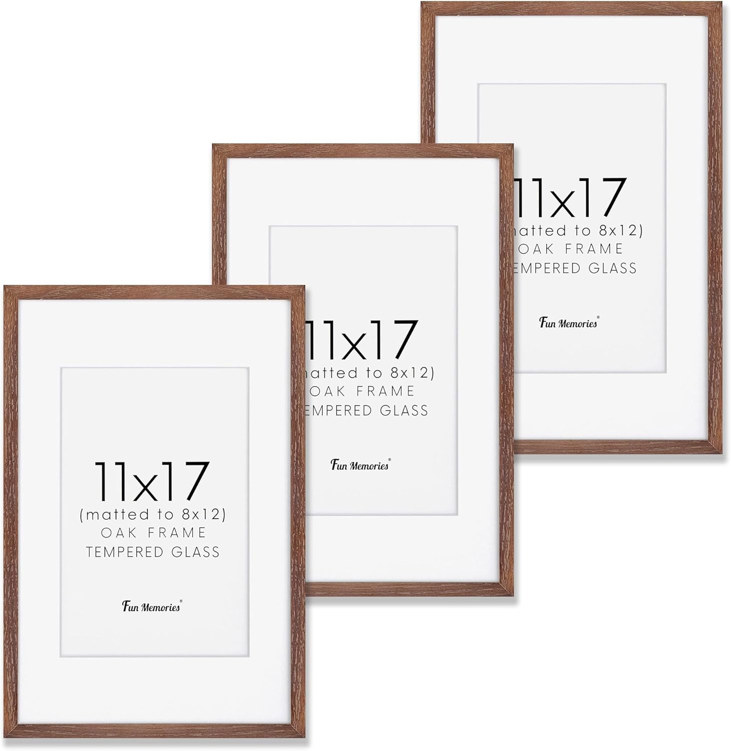 11x17 Picture Frame Set of 3, Solid Oak Wood 11 x 17 Frames with Tempered Glass, 11x17 Frame Matted to 8x12, Rustic Wooden 11 by 17 Poster Frames for Wall