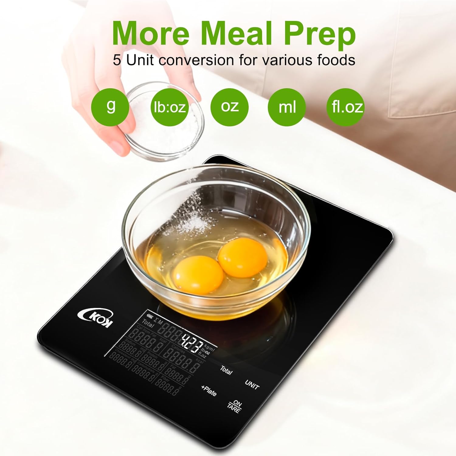 KOK Smart Food Scale with 30 Nutritional Calculator, Coffee Timer Function APP, Track Calorie, Macro, Carb for Weight Loss Keto and Diabetic, Espresso Scale Weight Grams and Ounces 5 Unit 1g/0.05oz