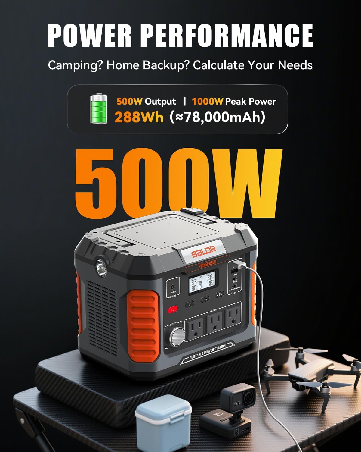 BALDR Portable Power Station, 500W Output, 288Wh Capacity, AC Outlet, USB Ports, Solar Charging Generator for Home Camping Emergency Use.…