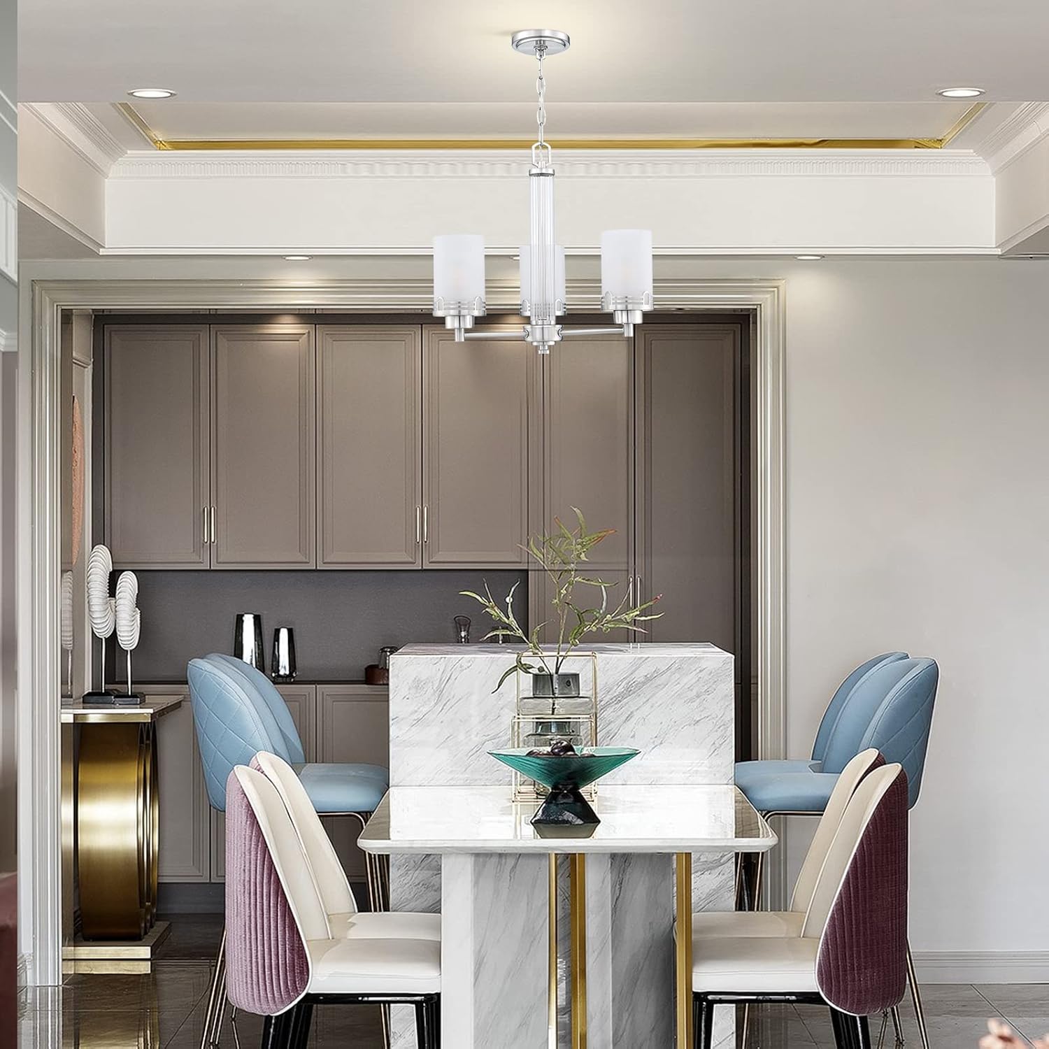 Doraimi Lighting 3 Light Fashion Kitchen Island Frosted Glass Shade+Hollow Metal Shade Chandelier Light Fixture,Brushed Nickel Finish Dining Room Living Room Corridor Bedroom