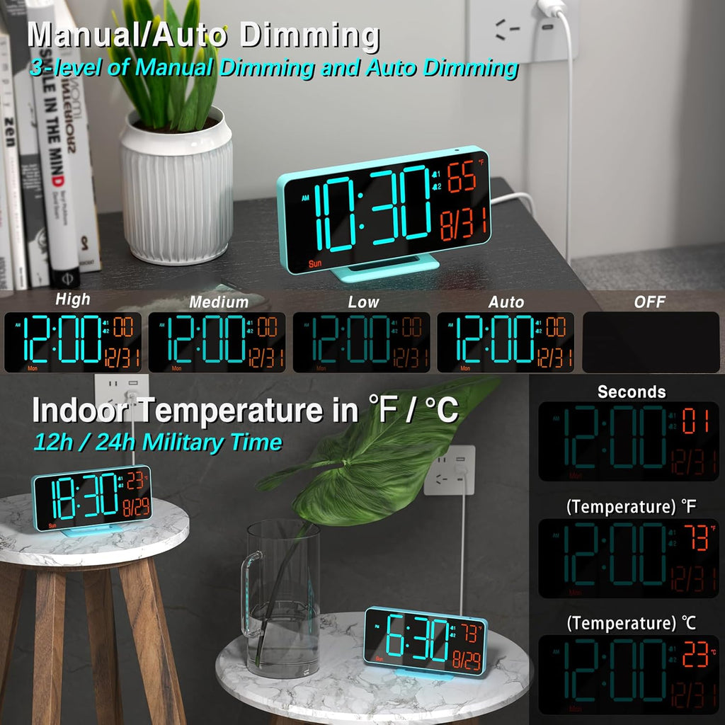 KOSUMOSU Alarm Clocks for Bedrooms, 6.7in Digital Clock, Auto Dimming, Room Temperature, Day of The Week, Seconds, Date, Digital Clocks for Living Room, Desk Clock for Bedroom