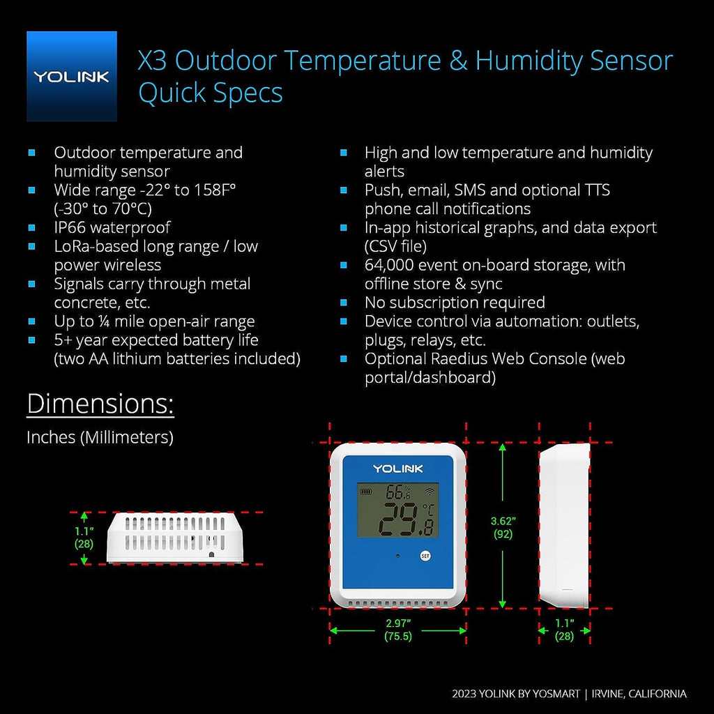 YoLink X3 vesion Outdoor Temperature & Humidity Data Logger, Hygrometer, Thermometer, 1/4 Mile Range, 5+ Years Battery Life, Emails/Text/App Alerts, Alexa. Pet Cage, Freezer, Greenhouse. Hub Included