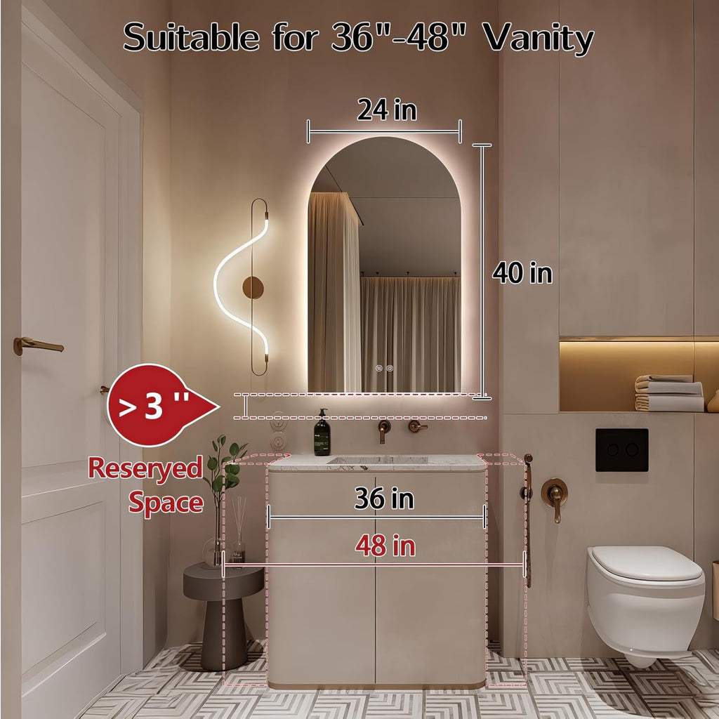 Niccy Arched LED Bathroom Mirror, 40x24 Inch Arch Frameless Backlit Mirrors for Wall Arched Lighted Vanity Mirrors Defogger and 3 Color, Explosion-Proof, HD Glass and IP65 Waterproof