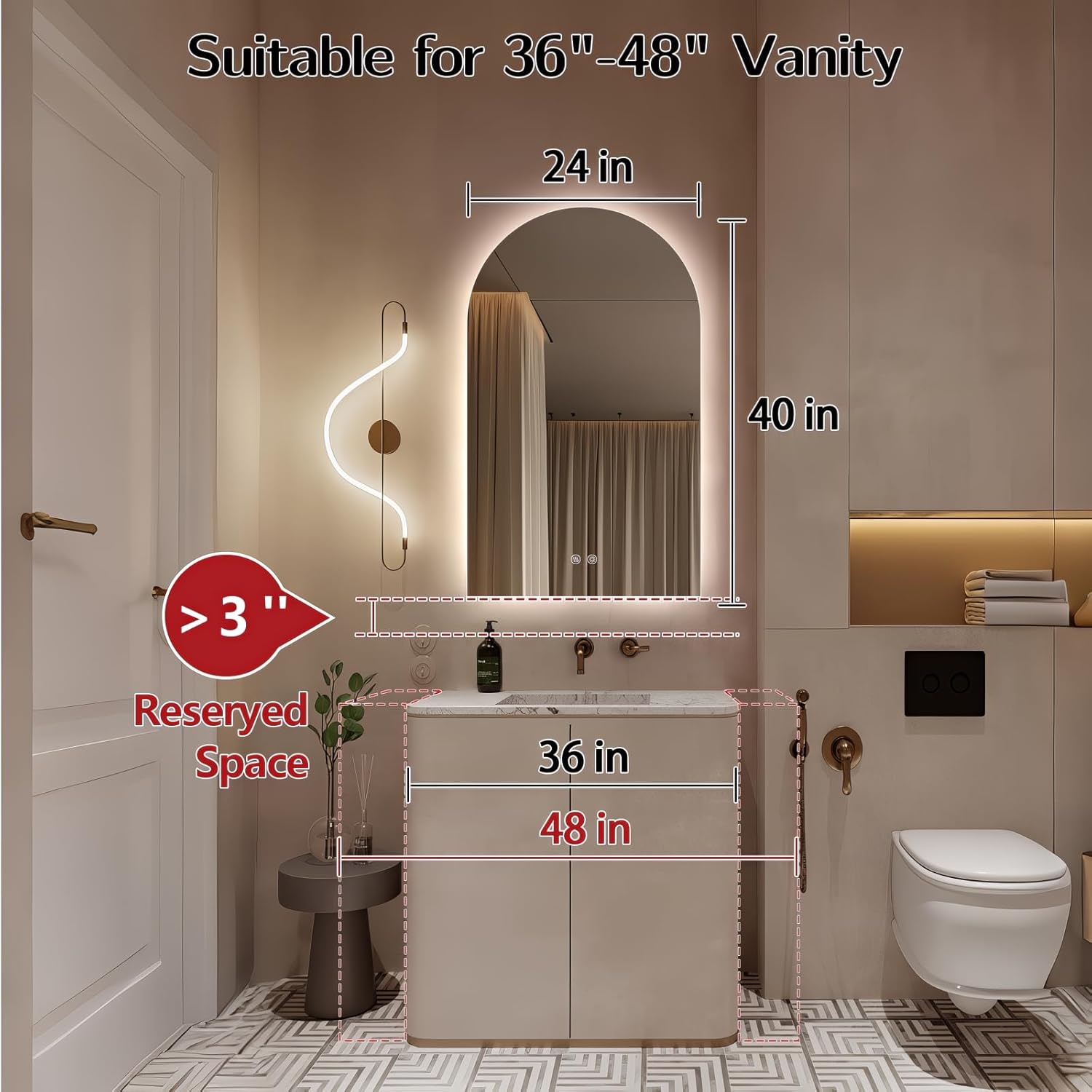 Niccy Arched LED Bathroom Mirror, 40x24 Inch Arch Frameless Backlit Mirrors for Wall Arched Lighted Vanity Mirrors Defogger and 3 Color, Explosion-Proof, HD Glass and IP65 Waterproof