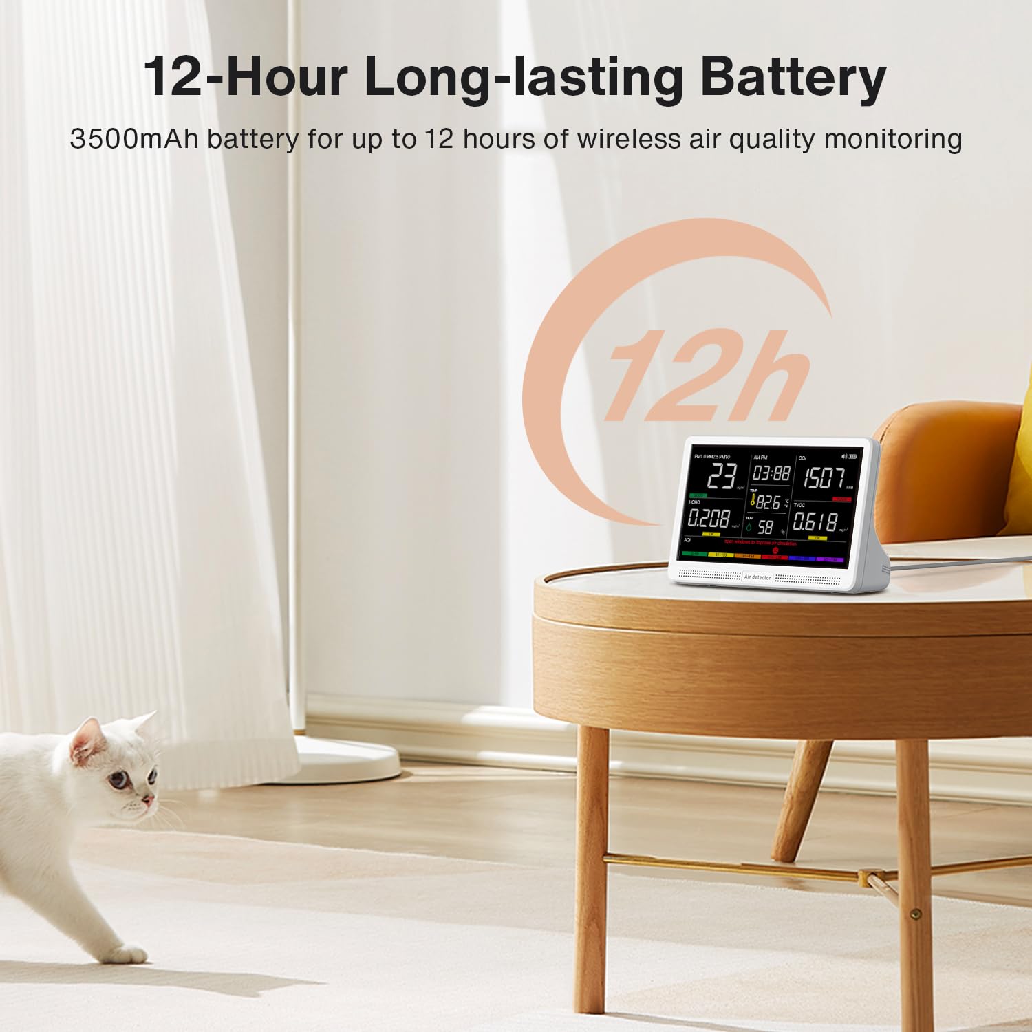 Upgrade Extended 12-Hour Battery Life 16 in 1 Air Quality Monitor Indoor with 7" Display, Professional Air Quality Meter for CO2, TVOC, PM2.5, PM1.0, PM10, HCHO, Temperature, Humidity, AQI & Time