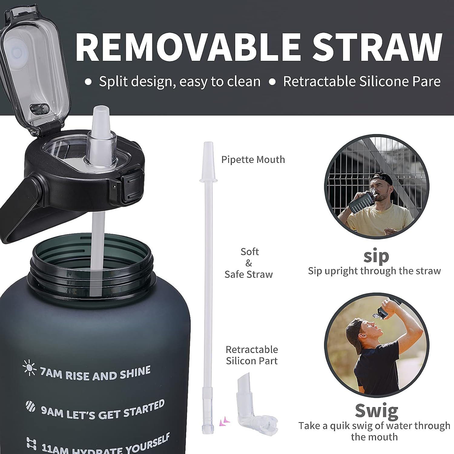 64oz,100oz,128oz Large Motivational Water Bottle with Time Marker, Leakproof & BPA Free Half Gallon Big Water Bottle with Straw Handle Tritan Frosted Water Jug for Gym,Fitness,Outdoor Sports