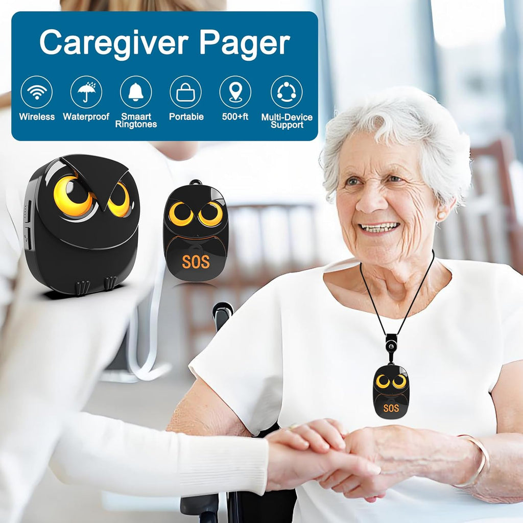 HTZSAFE Caregiver Pager Wireless Call Button 500+ Feet, SOS Alert Nurse Calling Elderly Fall Help System for Patient/Disabled Monitoring at Home, IP55 Waterproof, 2 Transmitters + 2 Receivers, Black