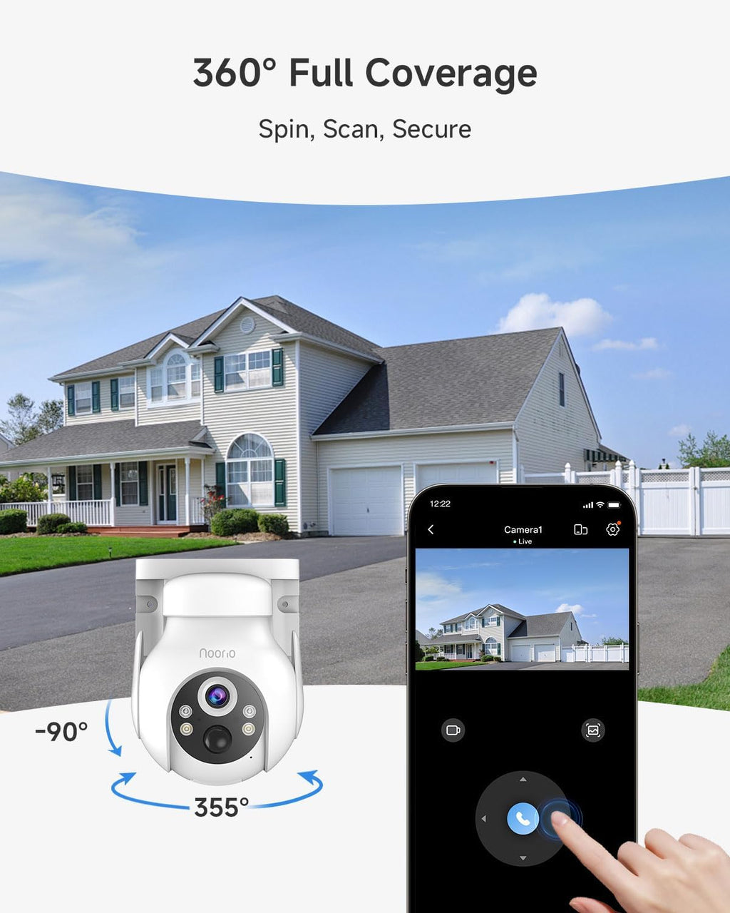 Noorio Solar Security Cameras Wireless Outdoor, 2K Pan/Tilt 360° View Solar/Battery Powered 2.4G WiFi Cameras for Home Security w/Color Night Vision, 2-Way Audio, SD/Cloud Storage