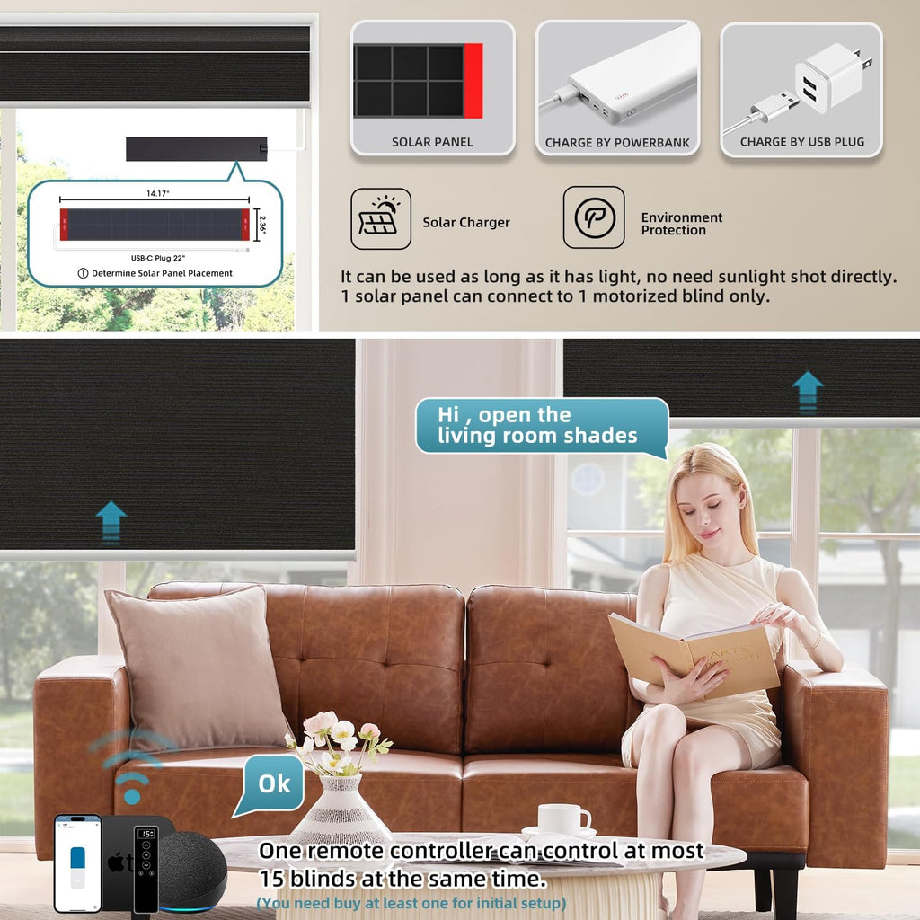 SmartWings Motorized 100% Blackout Shades Blinds, Custom Size, Cordless Window Shades with Rechargeable Battery, Work with Matter/Apple HomeKit, Alexa, Thread/Zigbee, Remote Optional, Eclipse Black