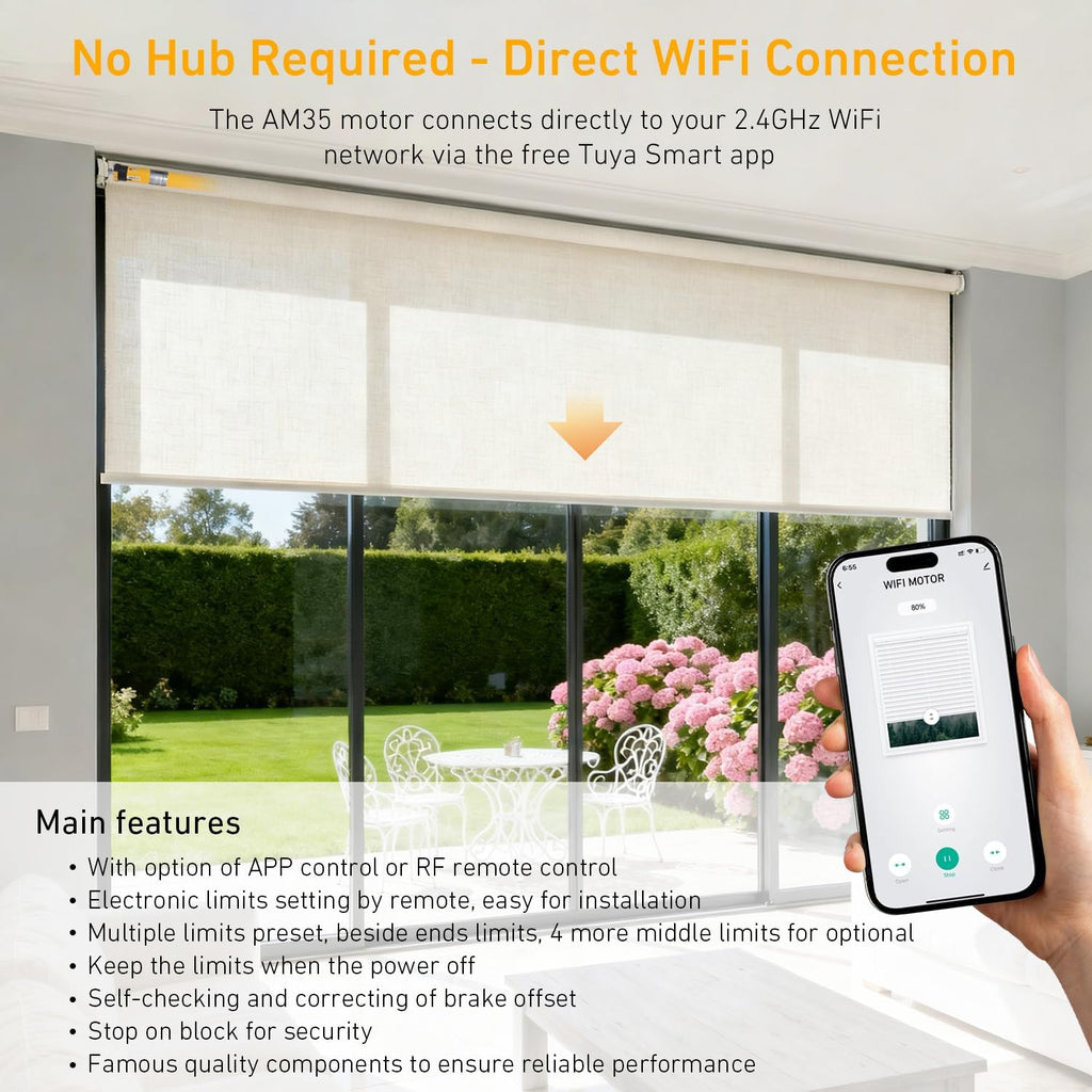 AM35 Smart WiFi Blinds Motor, Tuya App Control, AC 100-240V for 2 inch (50mm) Tubes, 6N.m Torque, Compatible with Alexa & Google Home, No Hub Required for Motorized Roller, Roman, ZebraShades