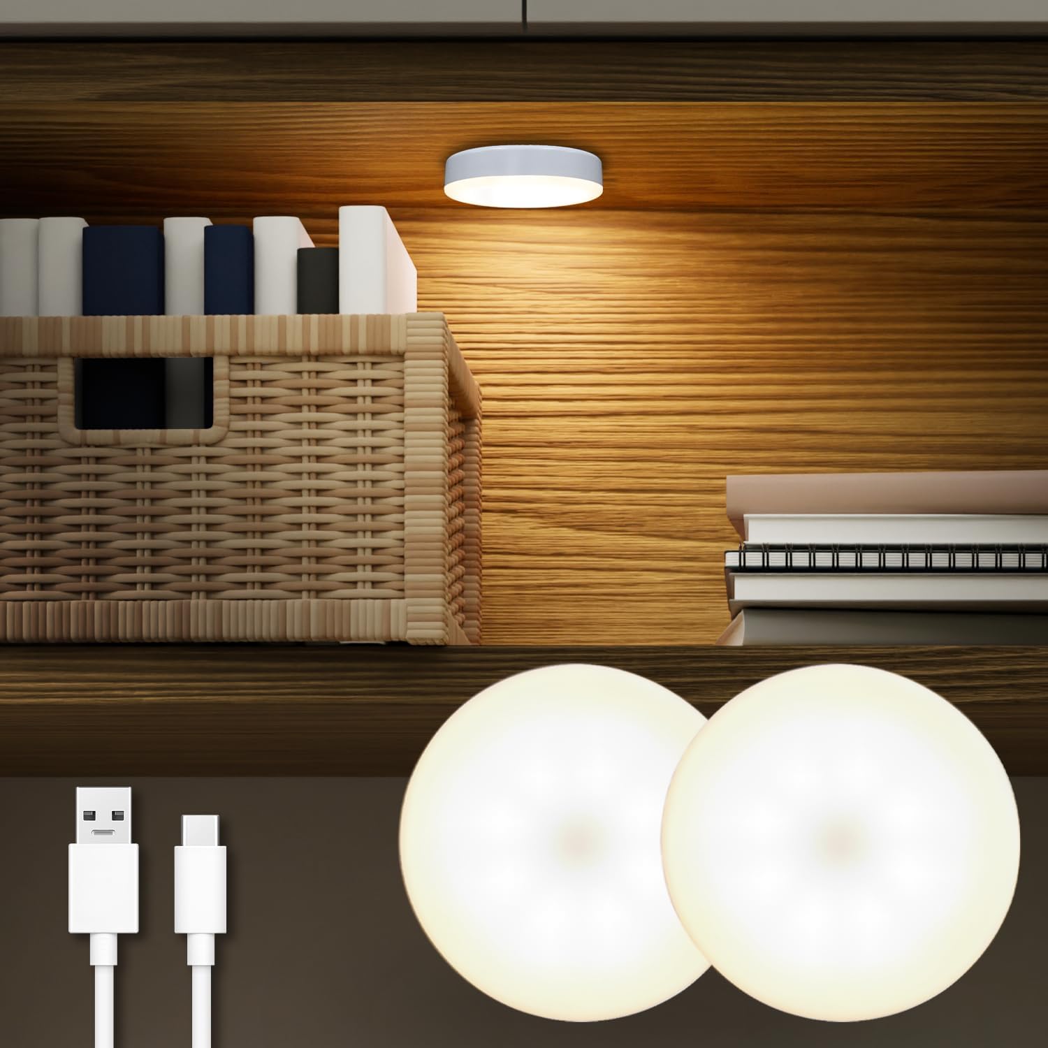 Rechargeable Puck Lights 2 Pack, Magnetic Tap Light 1000mAh Battery Powered, Warm Yellow, Dimmable Touch Light Stick on for Closet, Locker, Cabinet, Bedside, Kitchen