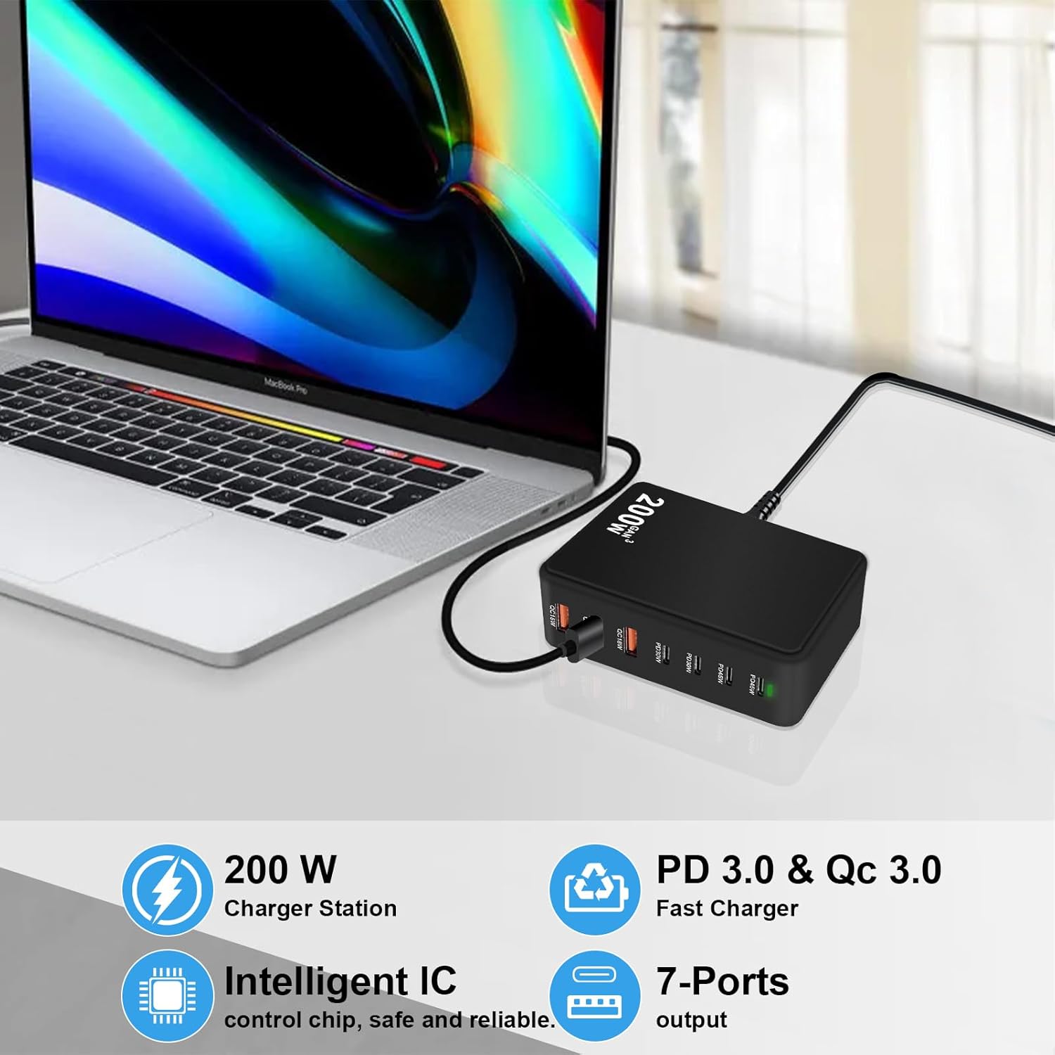 USB C Charger Block 200W 7 Port Fast Charging Block, PD Laptop Charger Station, Multiport Brick Hub Compatible with MacBook Pro/Air, iPad, iPhone 17/16/15/14, Galaxy S23/22, DELL, Steam Deck(Black)